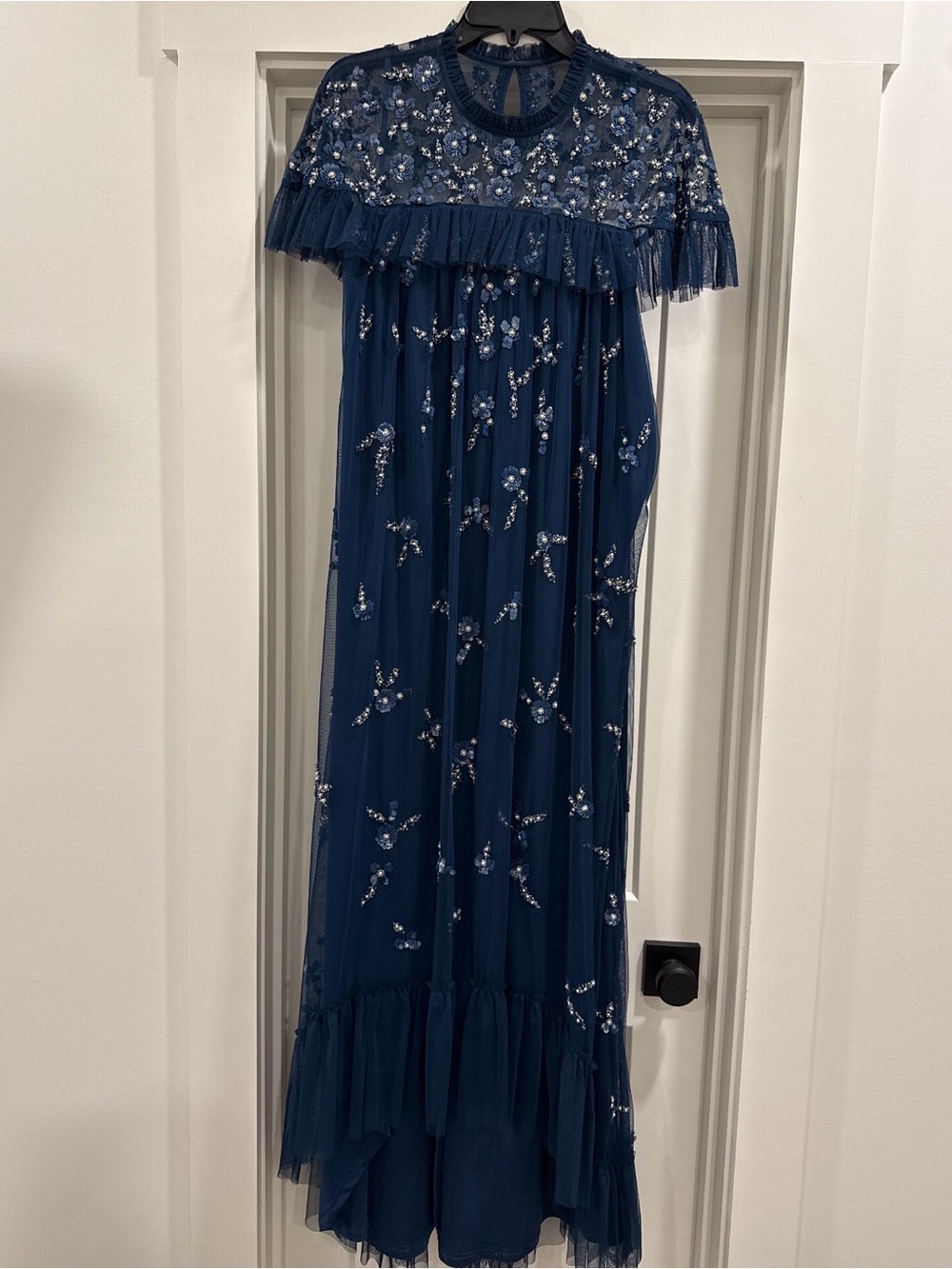 Mac Duggal Navy Blue Embellished Tulle Evening Gown